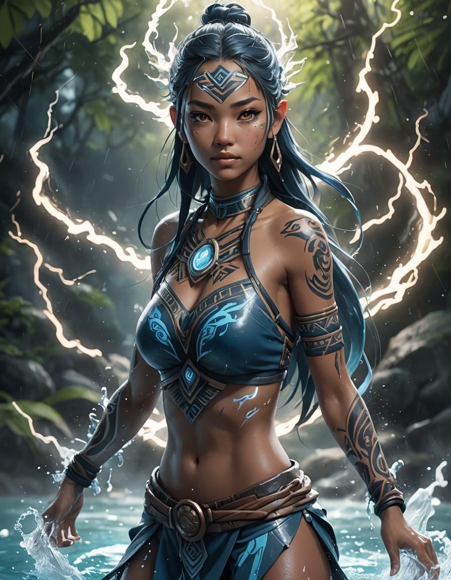 Water Tribe Girl with Glowing Water Spirit in Anime Art