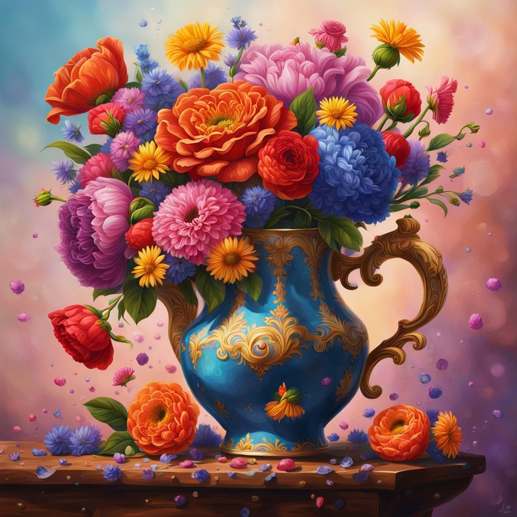 Colorful Flowers in Royal Pitcher: Hyperrealistic Art