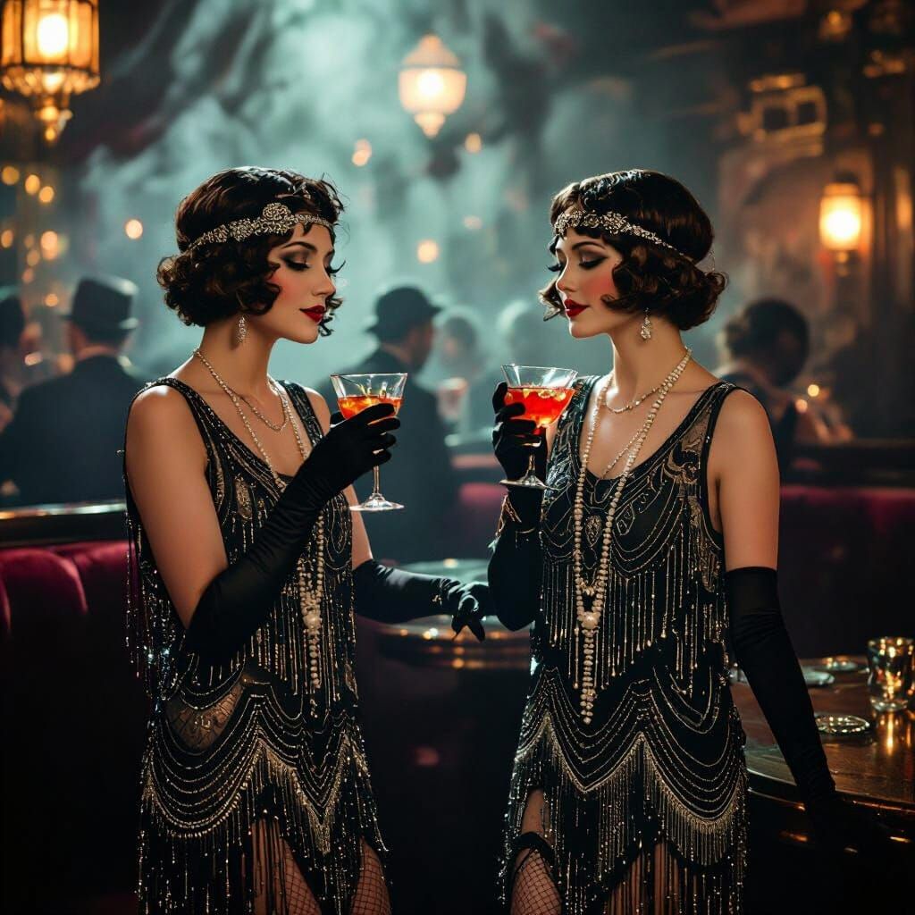 Flapper Girls in a Smoky 1920s Speakeasy