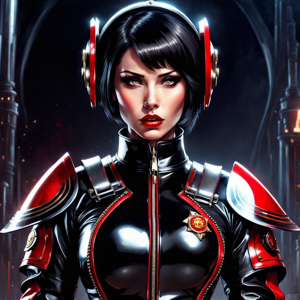 Gothic Firefighter in Futuristic Latex Outfit
