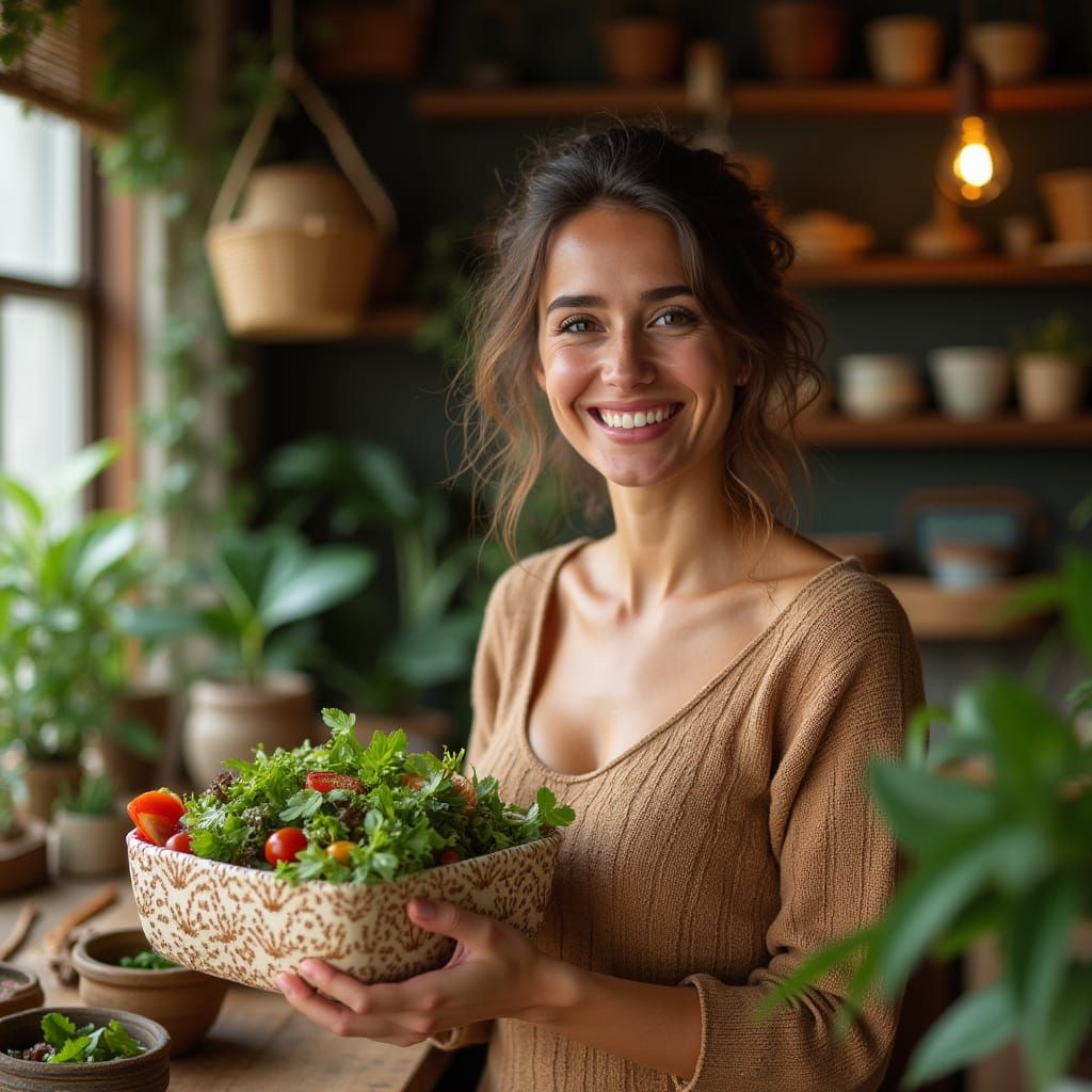 Eco-Friendly Customer Savoring Salad in Rustic Cafe