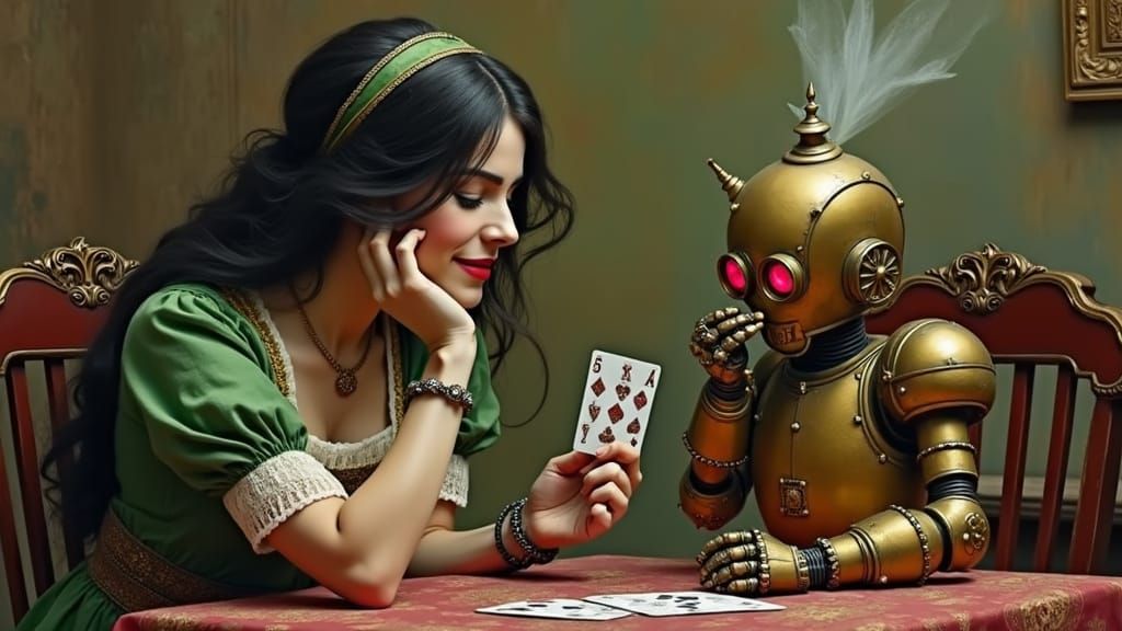 Victorian Fairy Plays Cards With Ruby Robot