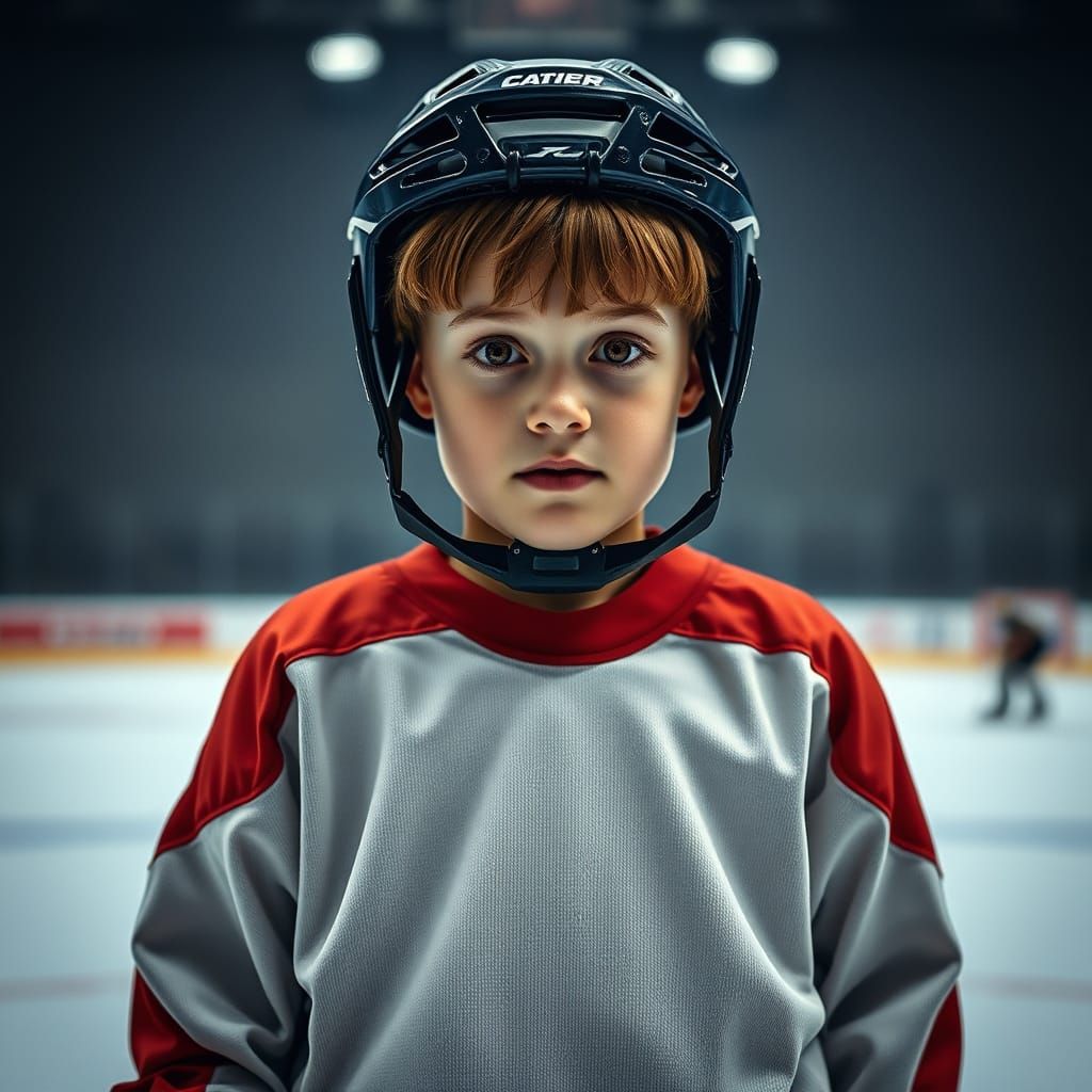 Serious Young Hockey Player on the Rink in Realistic Style