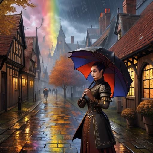 Autumn Tudor Village Street in Digital Painting Style