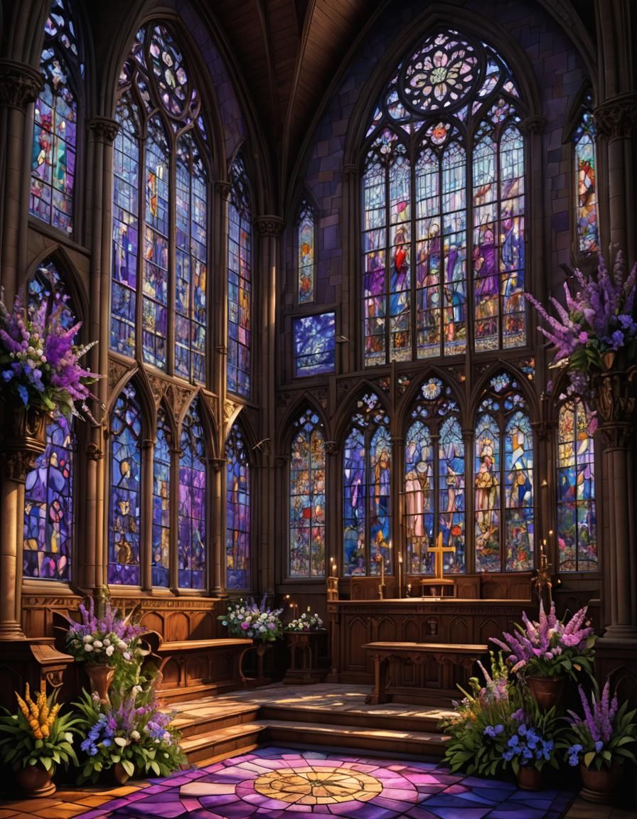 Stained Glass Church Altar with Larkspur Flowers
