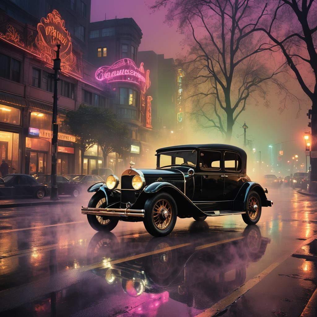 Vintage Car in Neon Mist, Art Nouveau Style