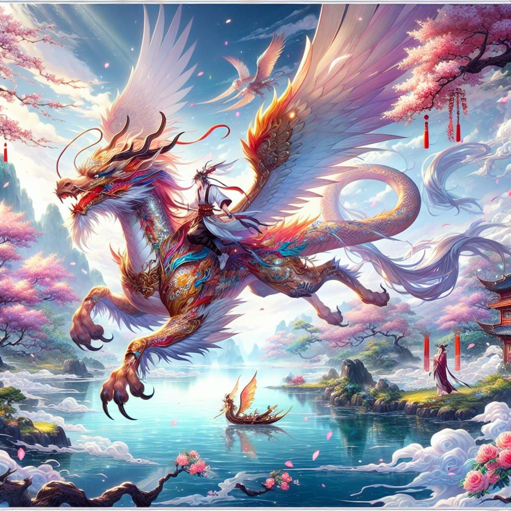 Realistic Anime Tiger-Dragon Rider Soars Over Cherry Blossom...