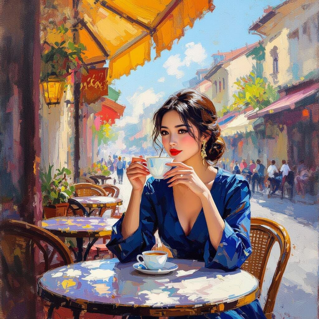 Vietnamese Woman Enjoys Coffee at Vibrant Cafe