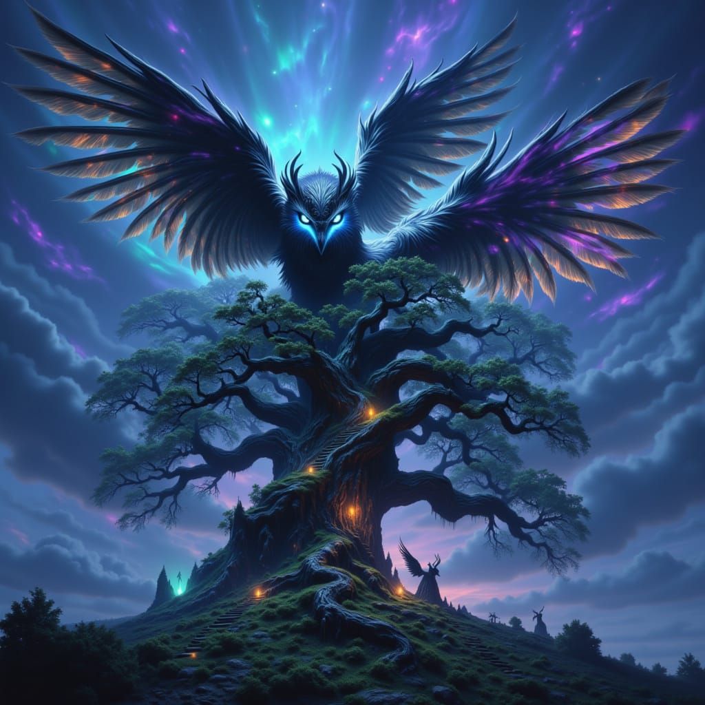 Giant Owl Flies Over Ancient Oak Golem at Twilight