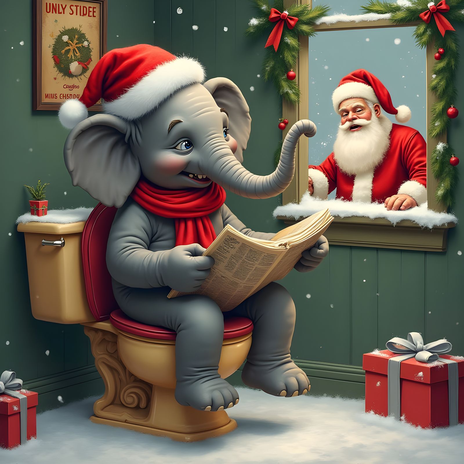 Jovial Christmas Elephant Reading Newspaper on Ornate Victor...