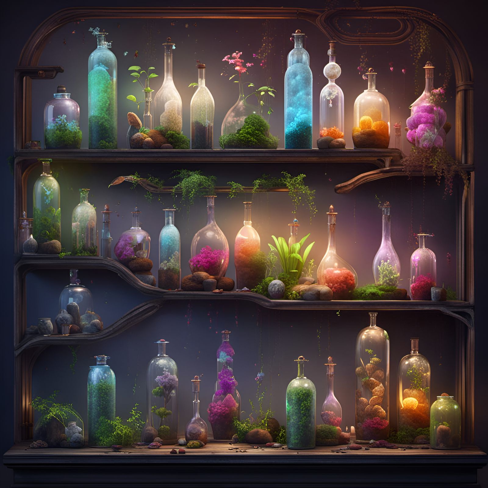 Galaxy Terrariums on Shelf in Detailed Digital Painting