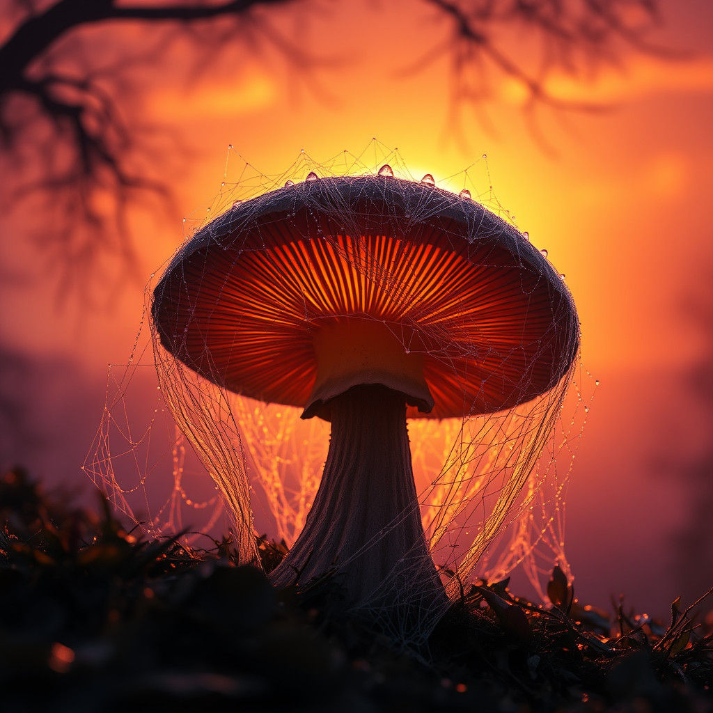 Mushroom in Spiderweb Bathed in Sunset Light