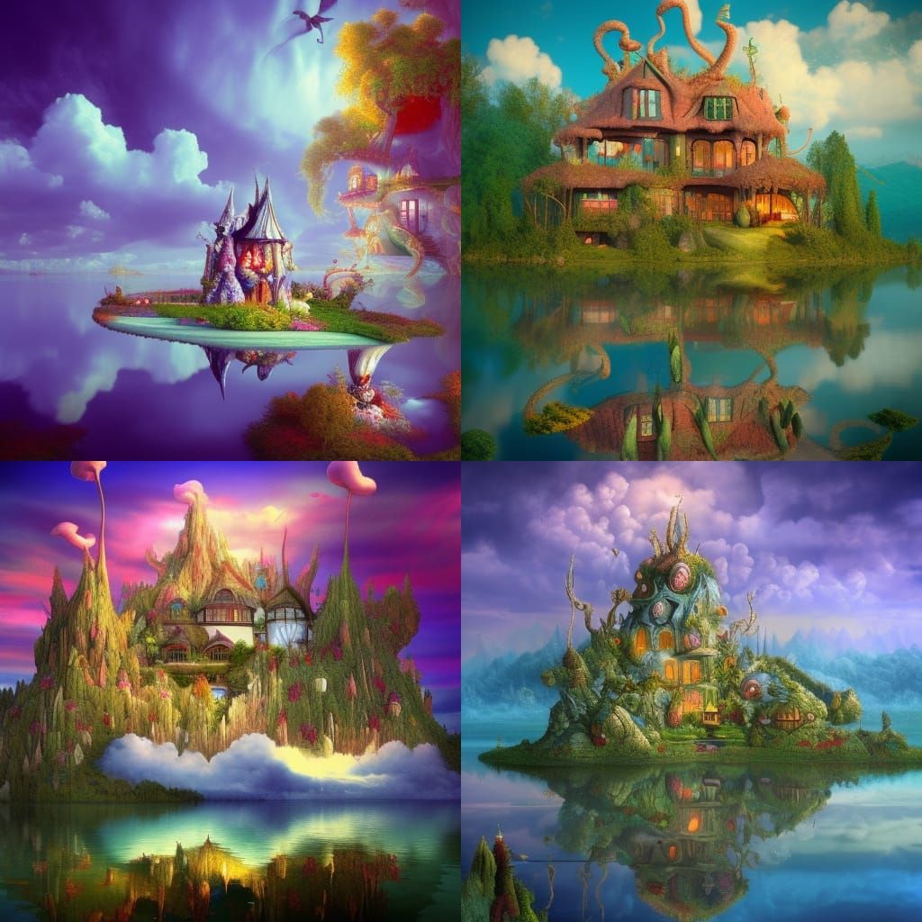 Surreal Fantasy House on Lake in Dali Style