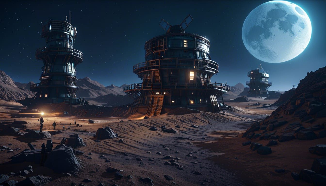 Windmills on the Moon in Cyberpunk Style