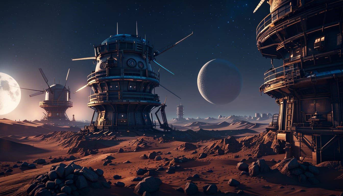 Windmills on the Moon in Cyberpunk Style
