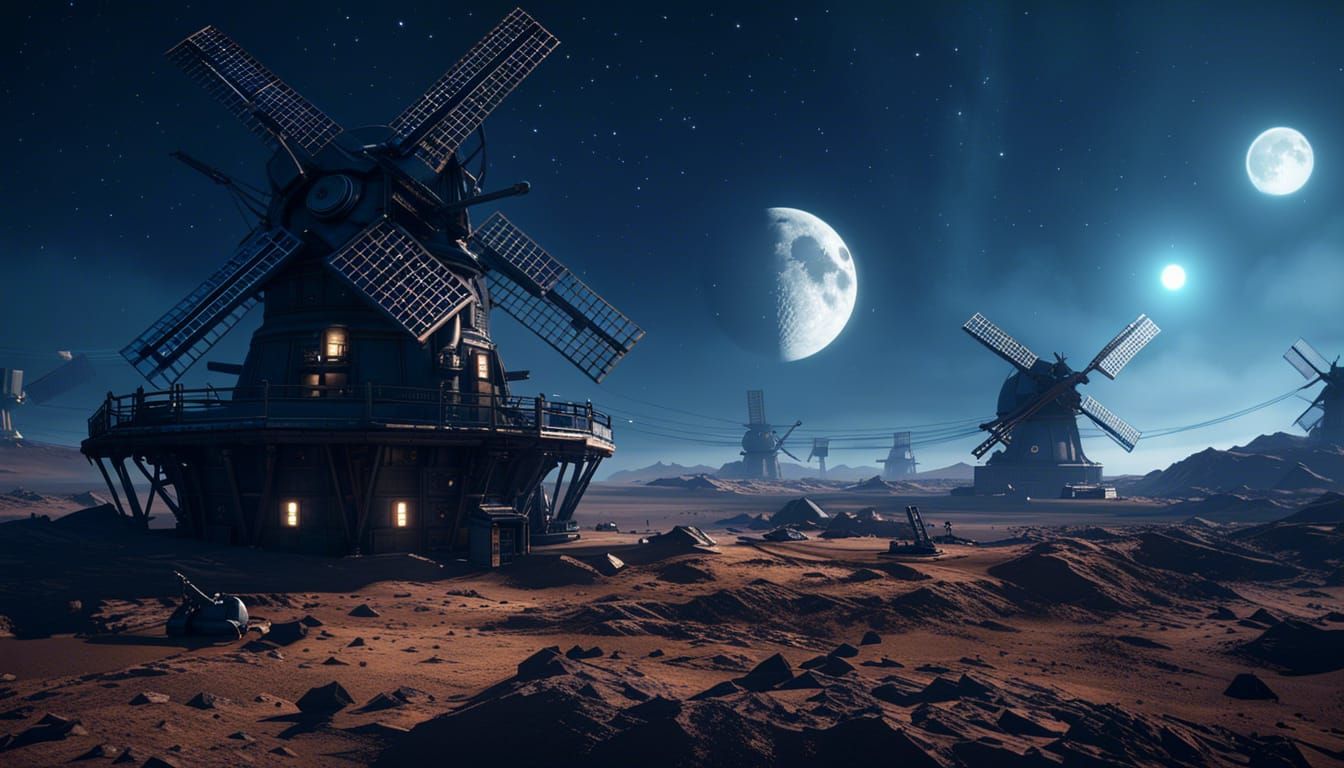 Windmills on the Moon in Cyberpunk Style