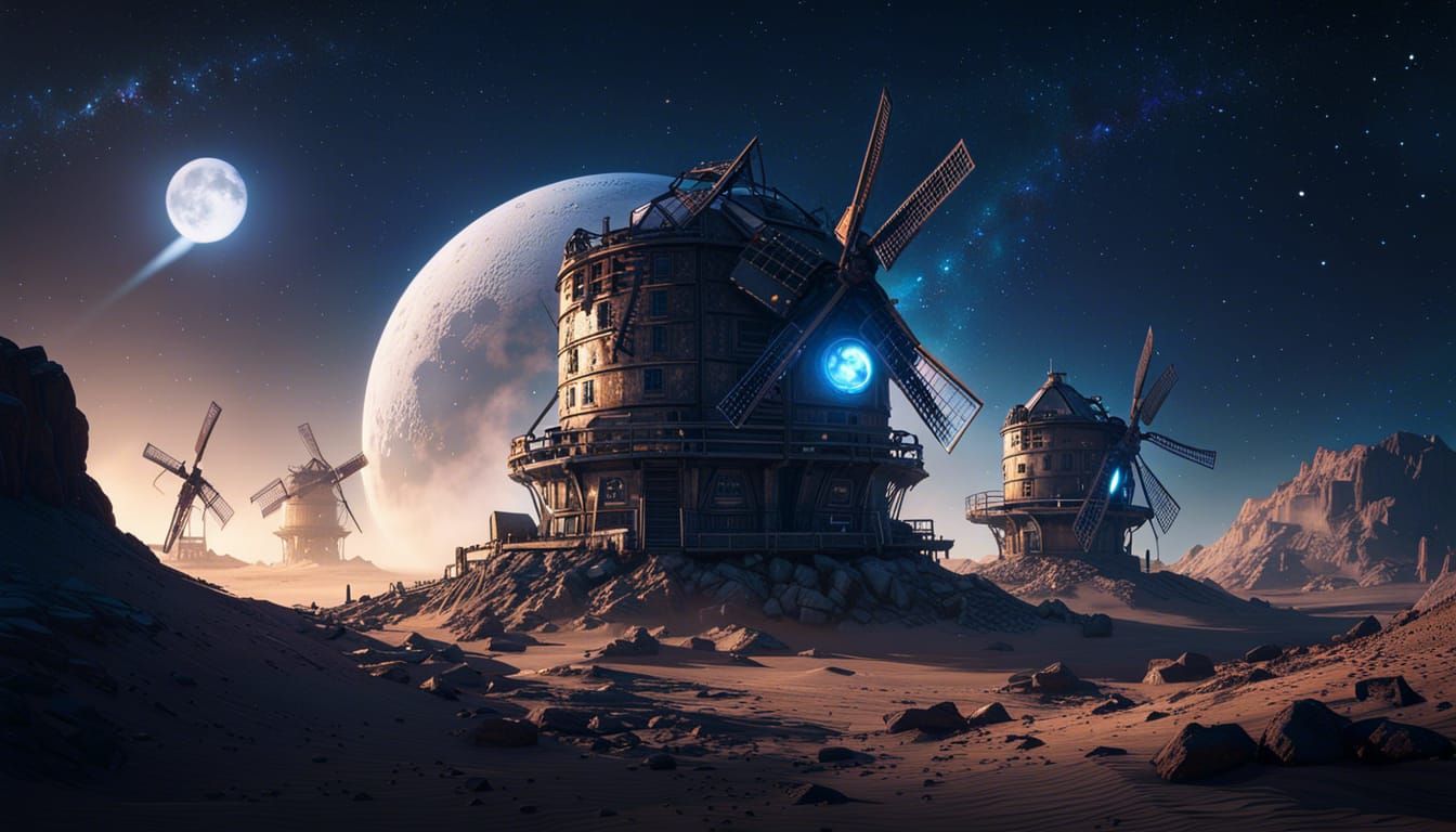Windmills on the Moon in Cyberpunk Style
