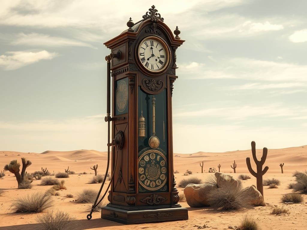 Steampunk Grandfather Clock in Desert Landscape