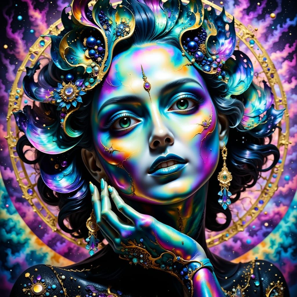 Elegant Woman in Iridescent Art Deco Glamour with Cosmic Hal...