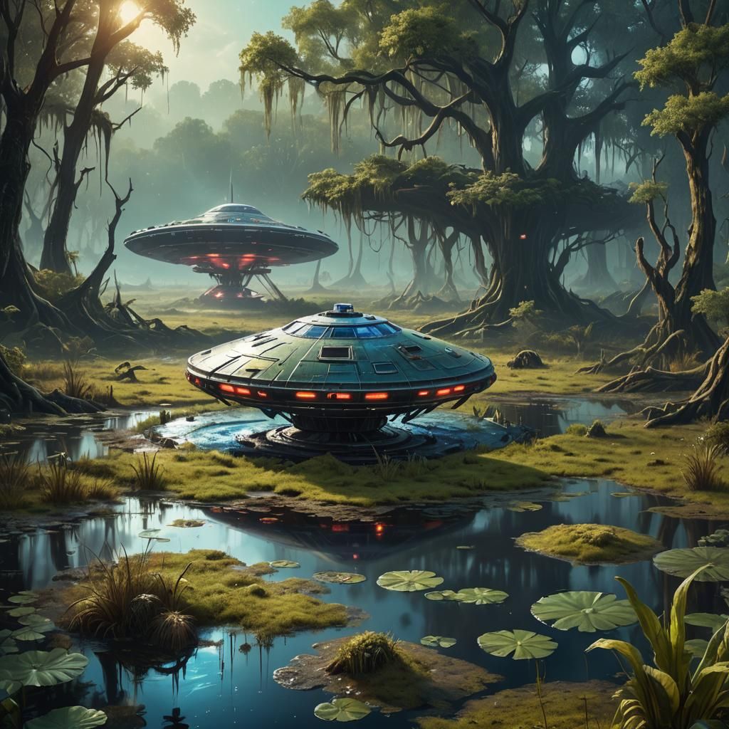 UFO Saucer Landing on Swamp as Oil Painting