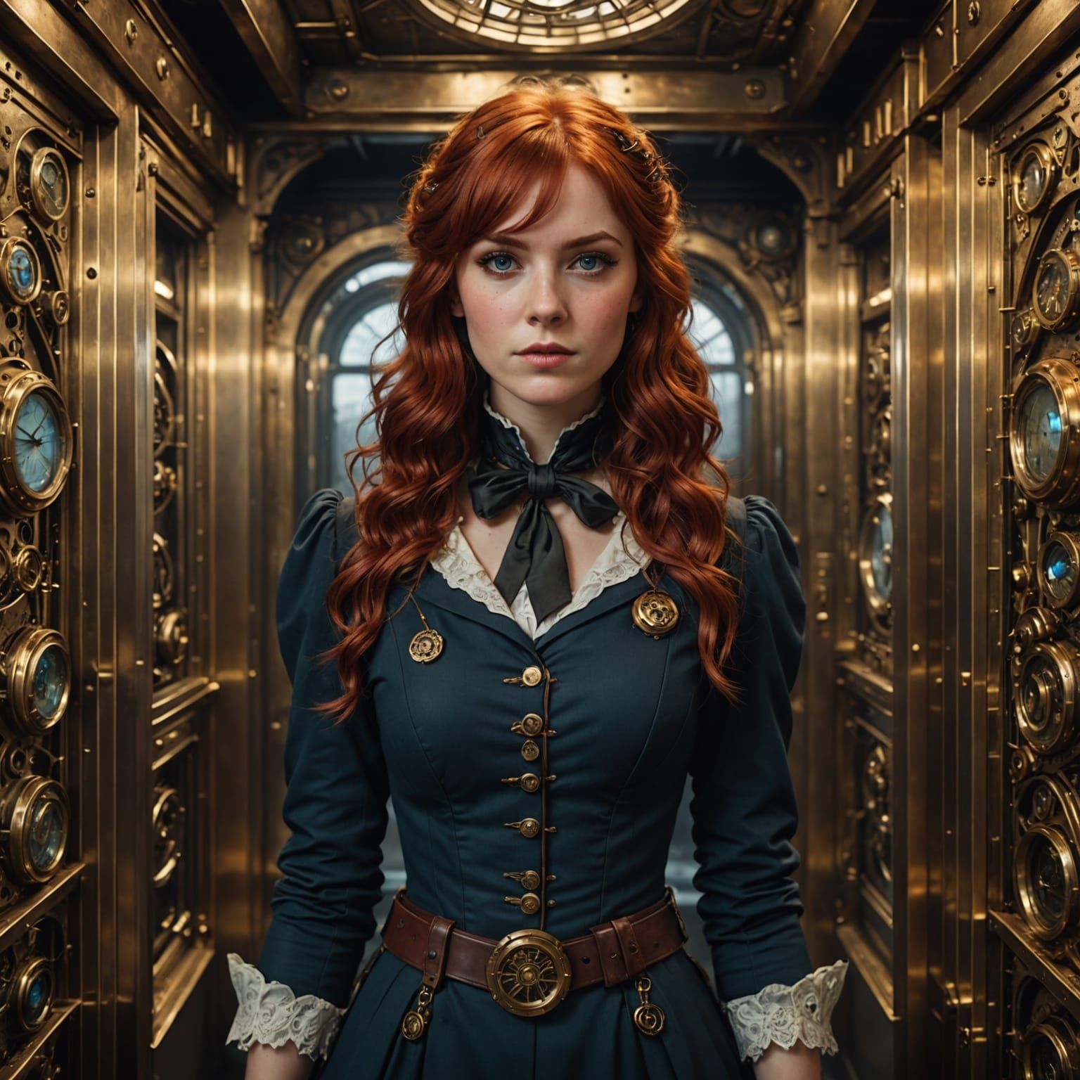 Steampunk Elevator Interior With Red-Haired Woman
