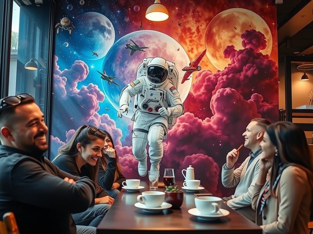 Astronaut in Vibrant Nebula Cafe Mural
