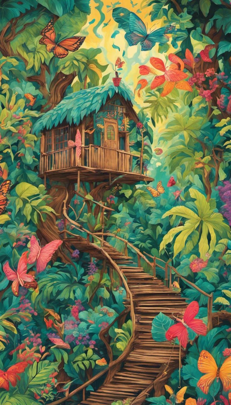 Lively Treehouse in Tropical Forest, Gouache Painting