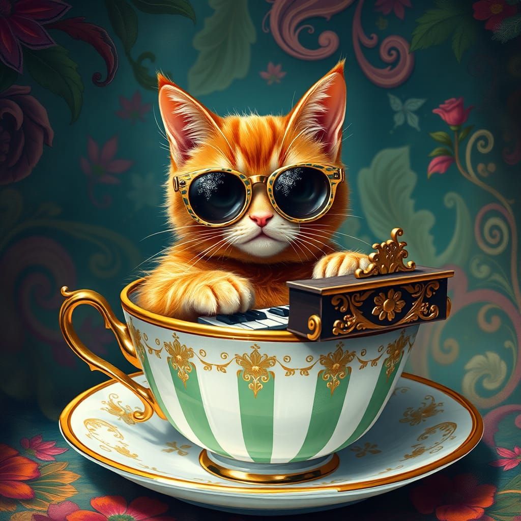 Ginger Cat's Teacup Serenade: A Whimsical Digital Art Piece