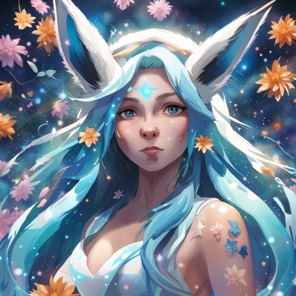 Glaceon Portrait in Cosmic Field: Hyperrealistic Art