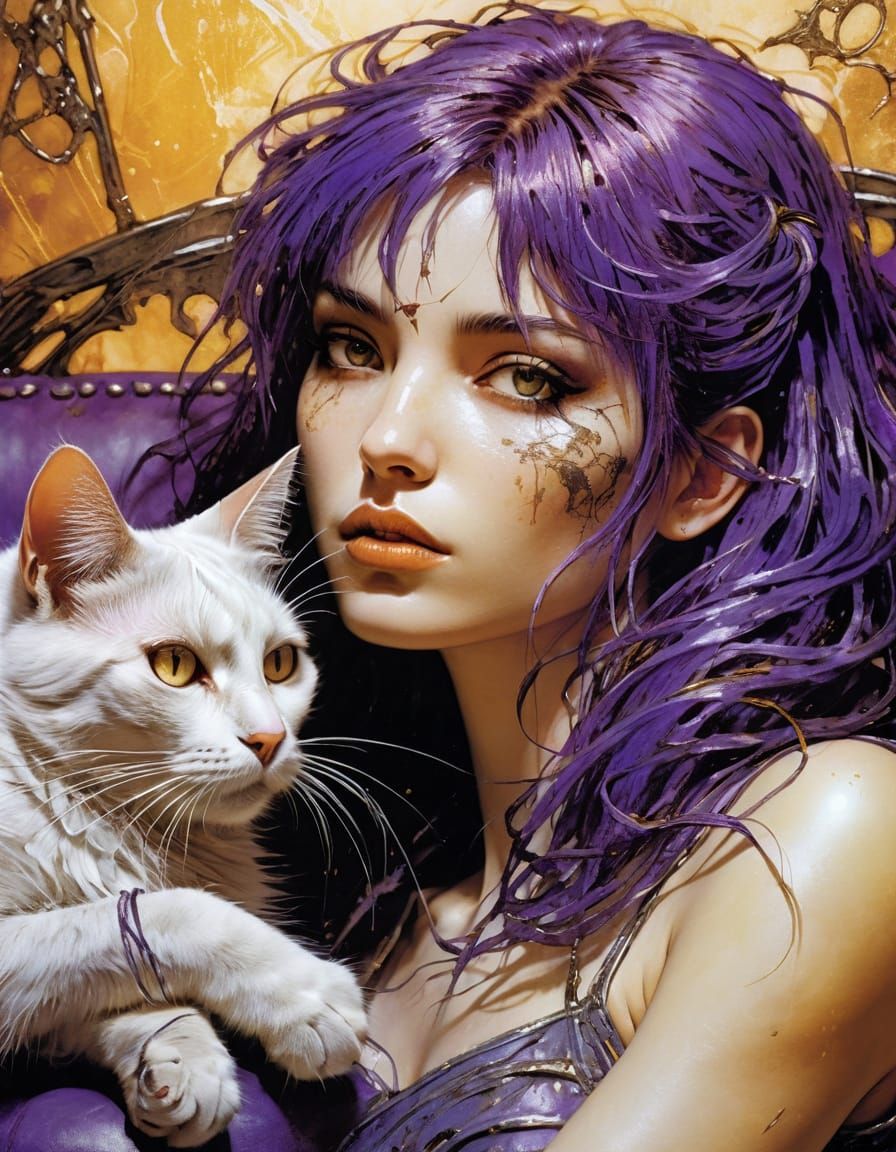 Girl and Cat on Couch in Comic Book Style