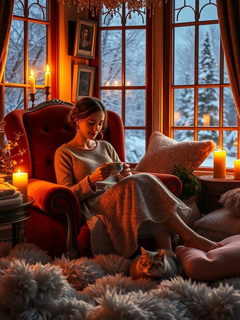 Cozy Candlelit Evening with Tea in Digital Painting Style