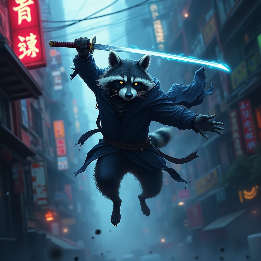 Cyberpunk Raccoon Ninja Leaps Through Neon Alleyway