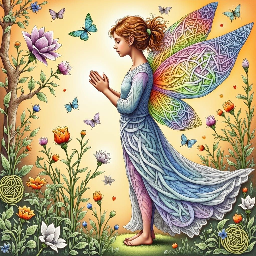 Fairy Angel in Celtic Knotwork Crayon Sketch