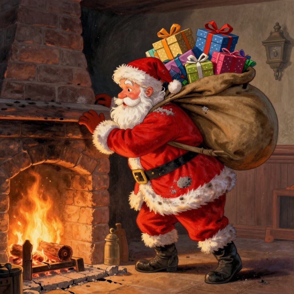 Santa Stuck in Chimney with Overflowing Gift Sack