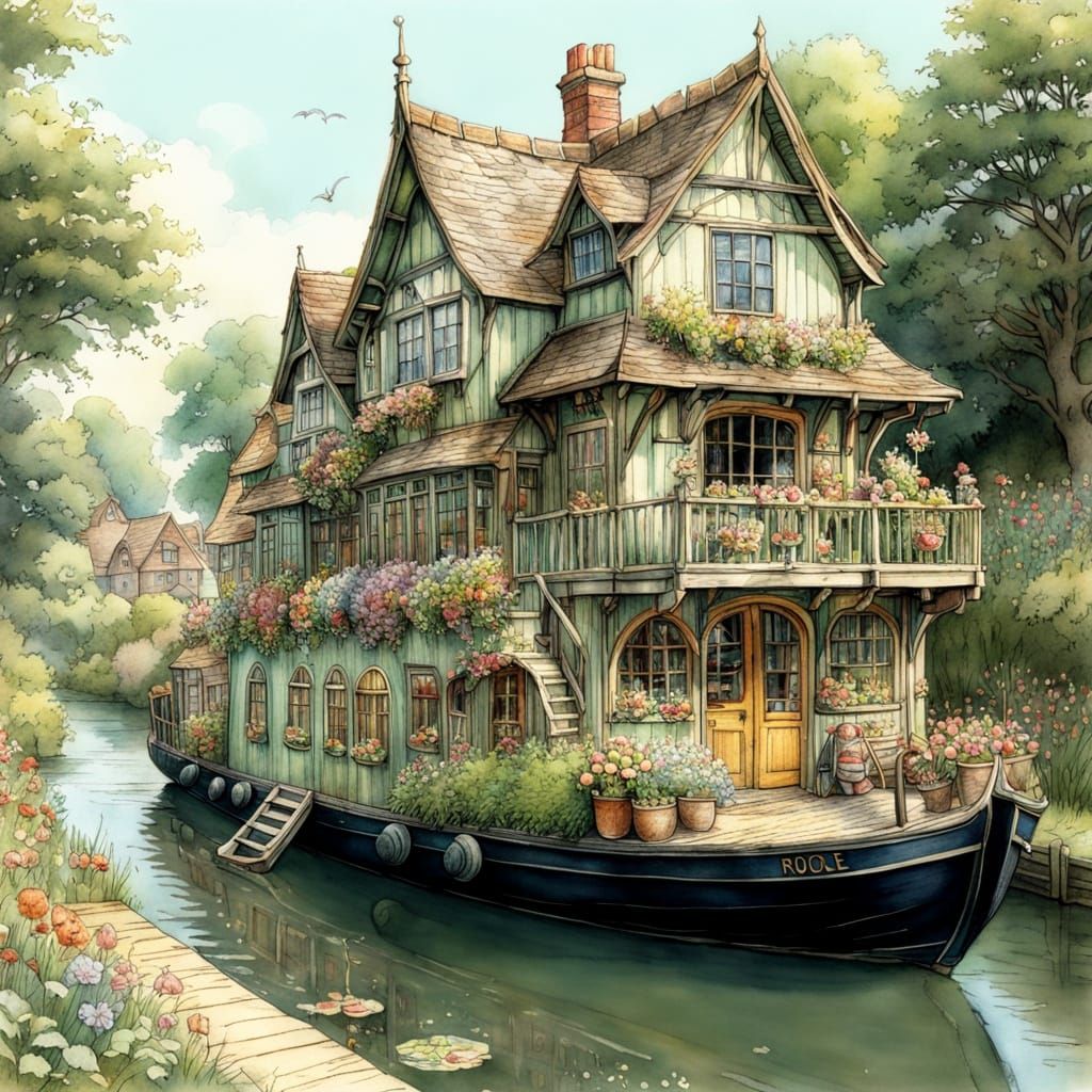 Floral Houseboat Pencil Drawing in Brambley Hedge Style