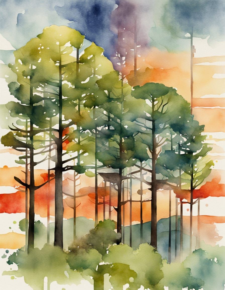 Abstract Watercolor Trees Inspired by Frank Lloyd Wright
