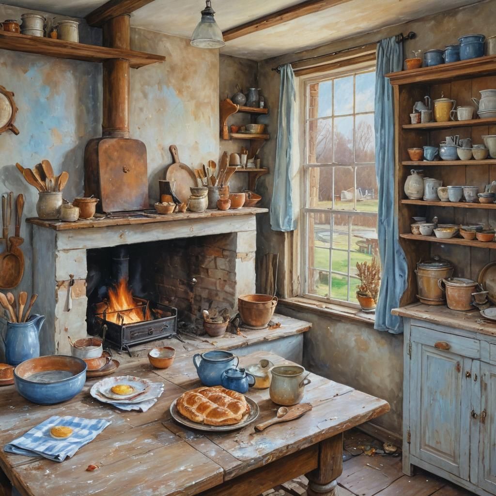 Cozy Rustic Kitchen as Oil Painting