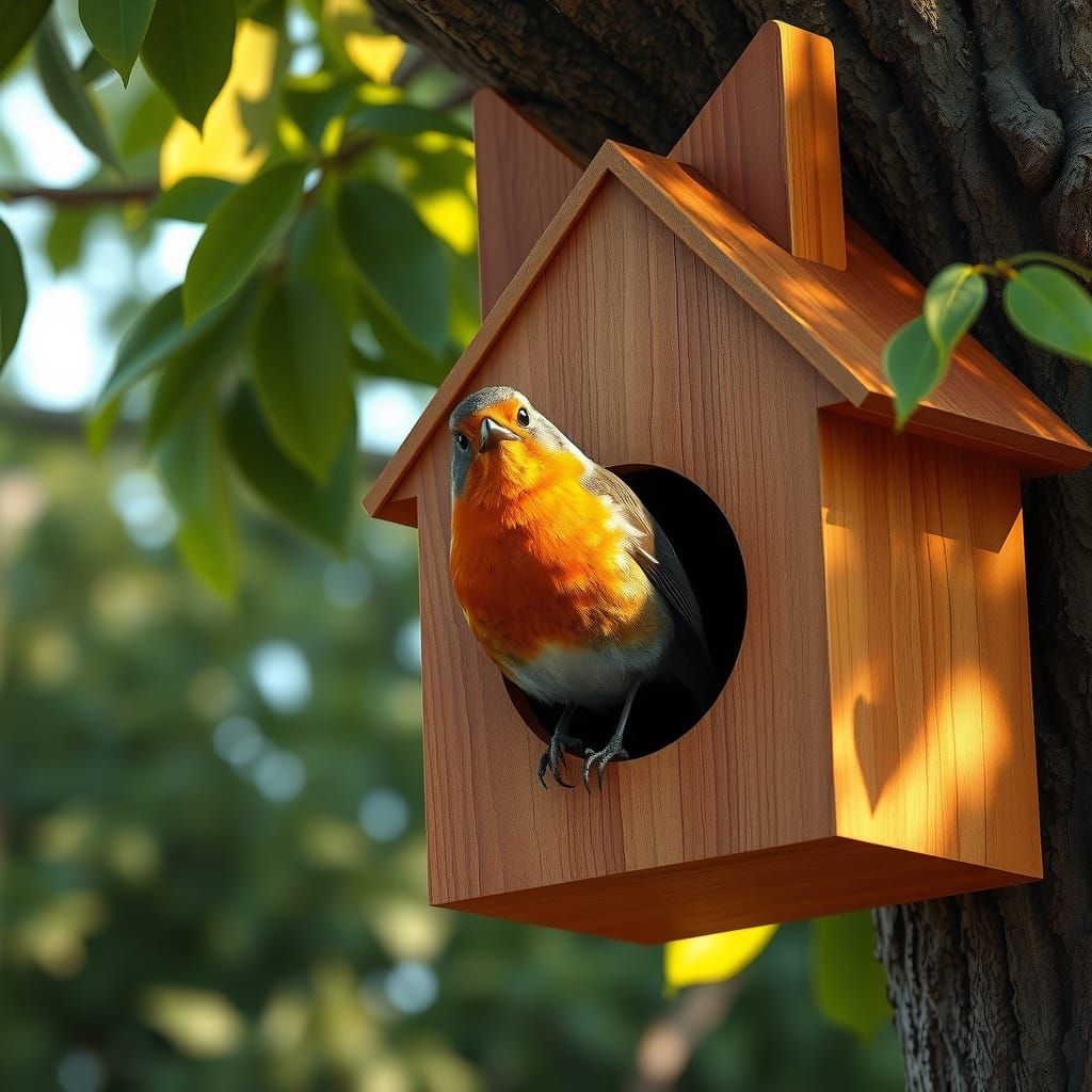 Cat Birdhouse with Robin, Photorealistic Digital Art