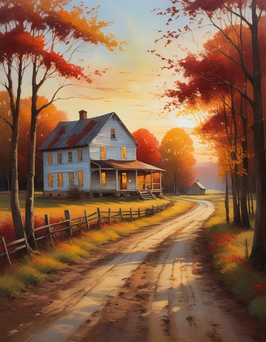 Autumn Road to Farmhouse in Warm Light