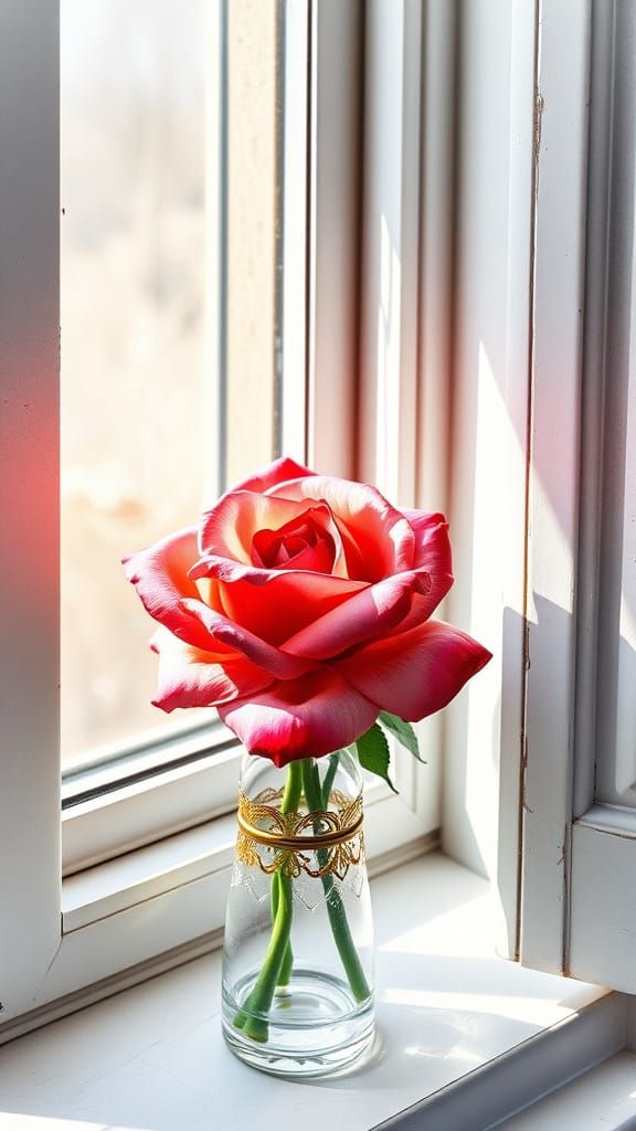 Watercolor Rose in Ornate Vase by Open Window
