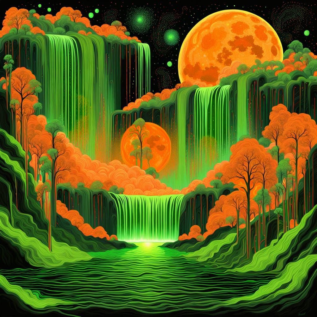 Neon Waterfall Cascades in Mixed Media