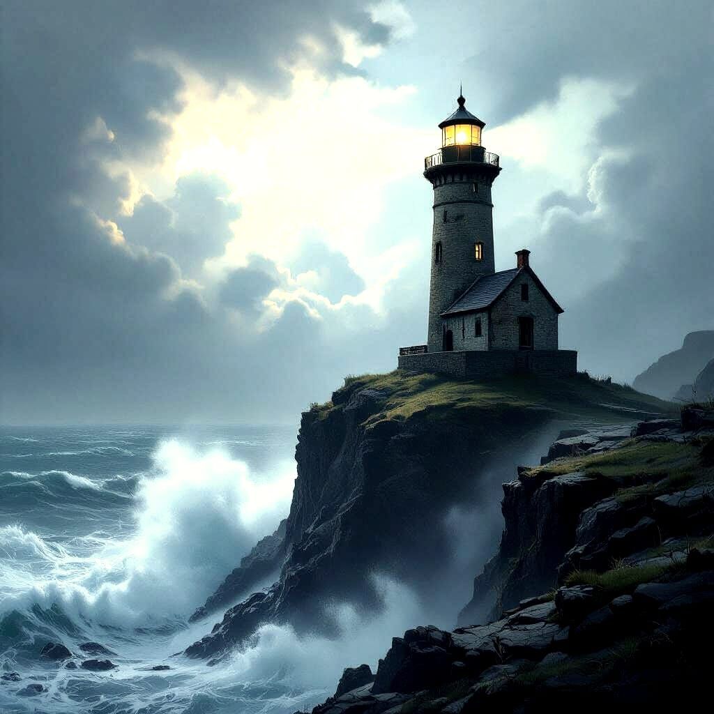 Stormy Lighthouse on Jagged Cliff in Dark Fantasy Style