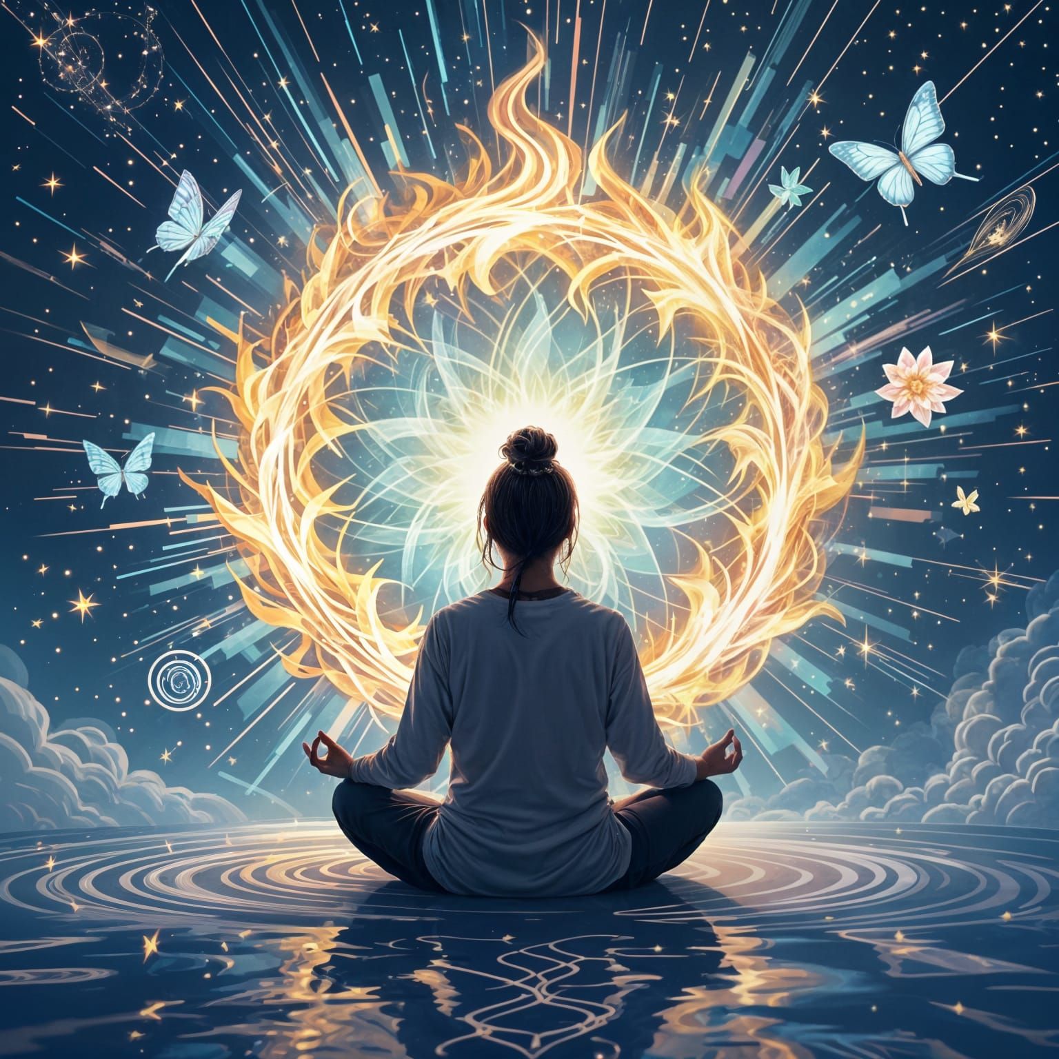 Elegant Book Cover: Meditating Figure and Flaming Portal