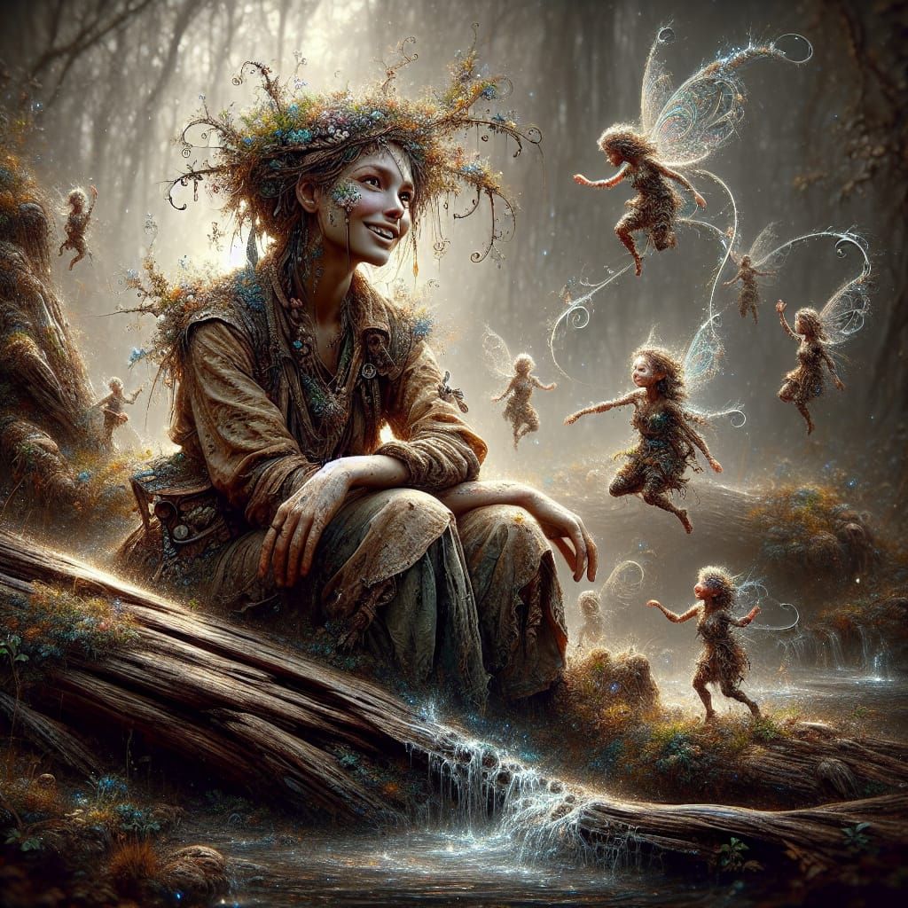 Whimsical Mud Sprite in Mystical Forest, Digital Art