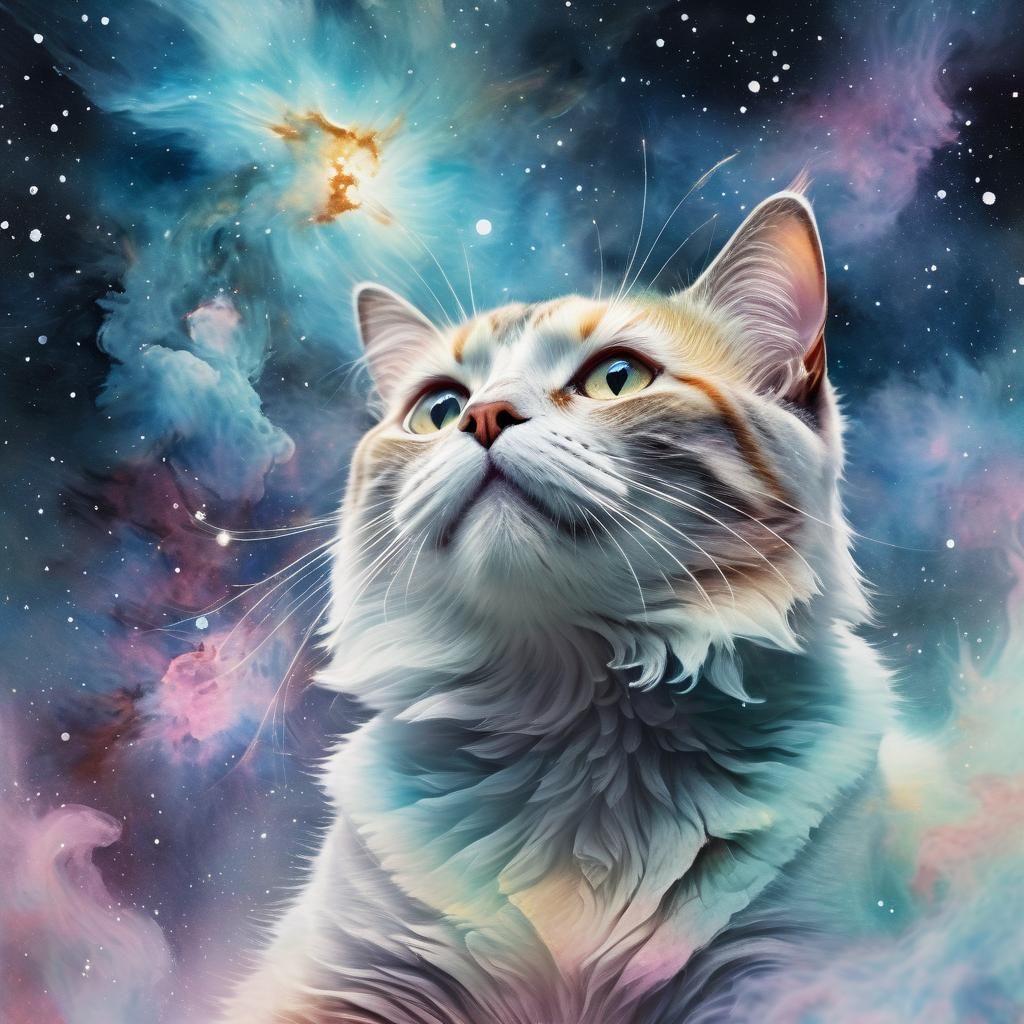 Cosmic Cat Constellation in Watercolor Nebula