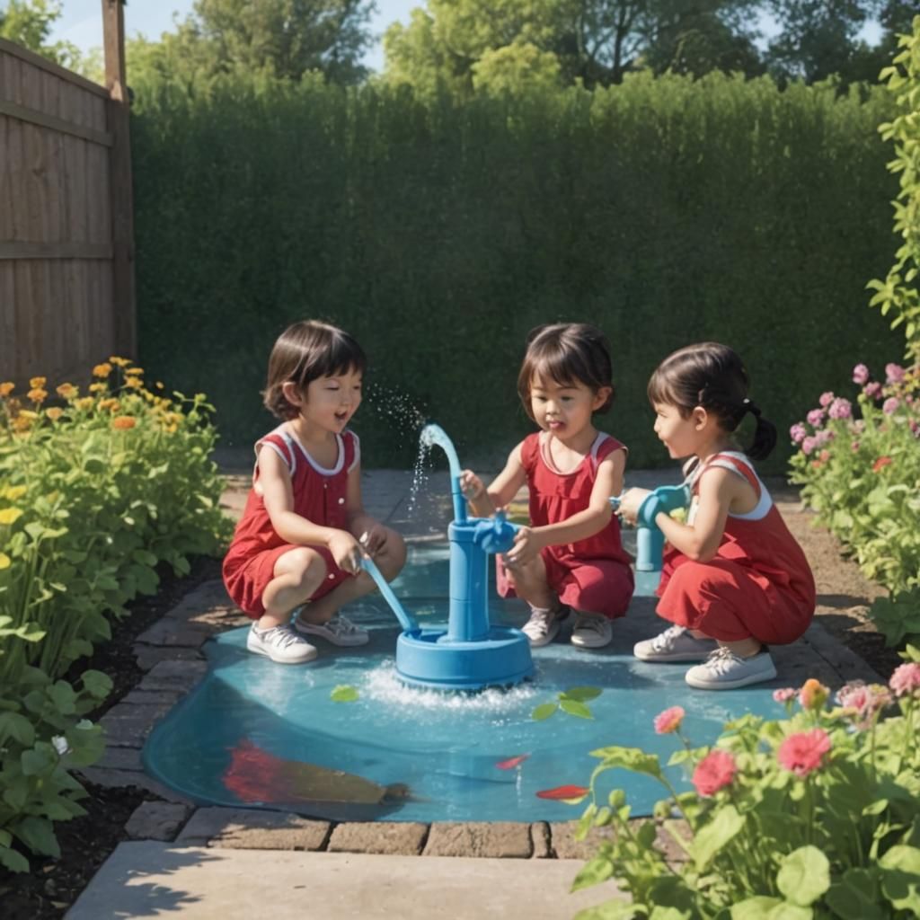 Children Drinking from Garden Hose on Summer Day