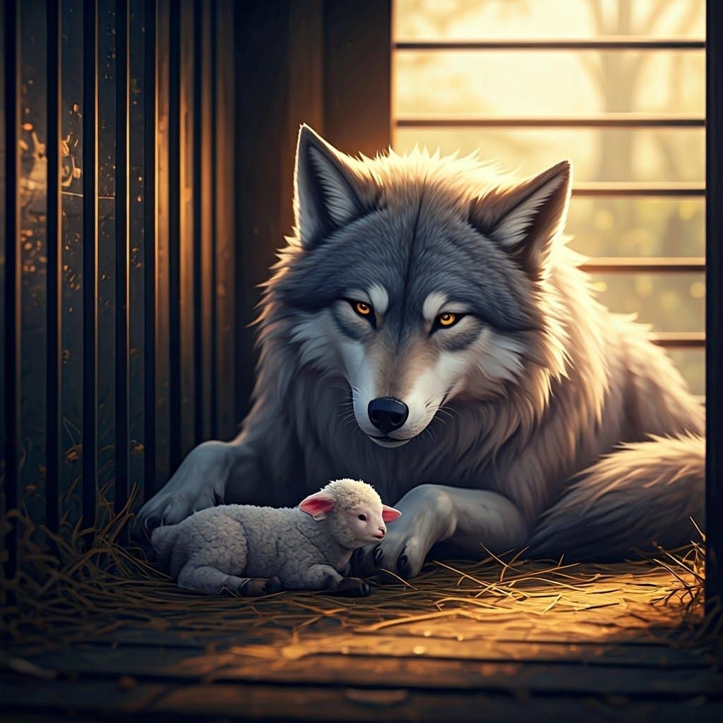 A Wolf and Lamb Coexist in Serene 3D Anime Art