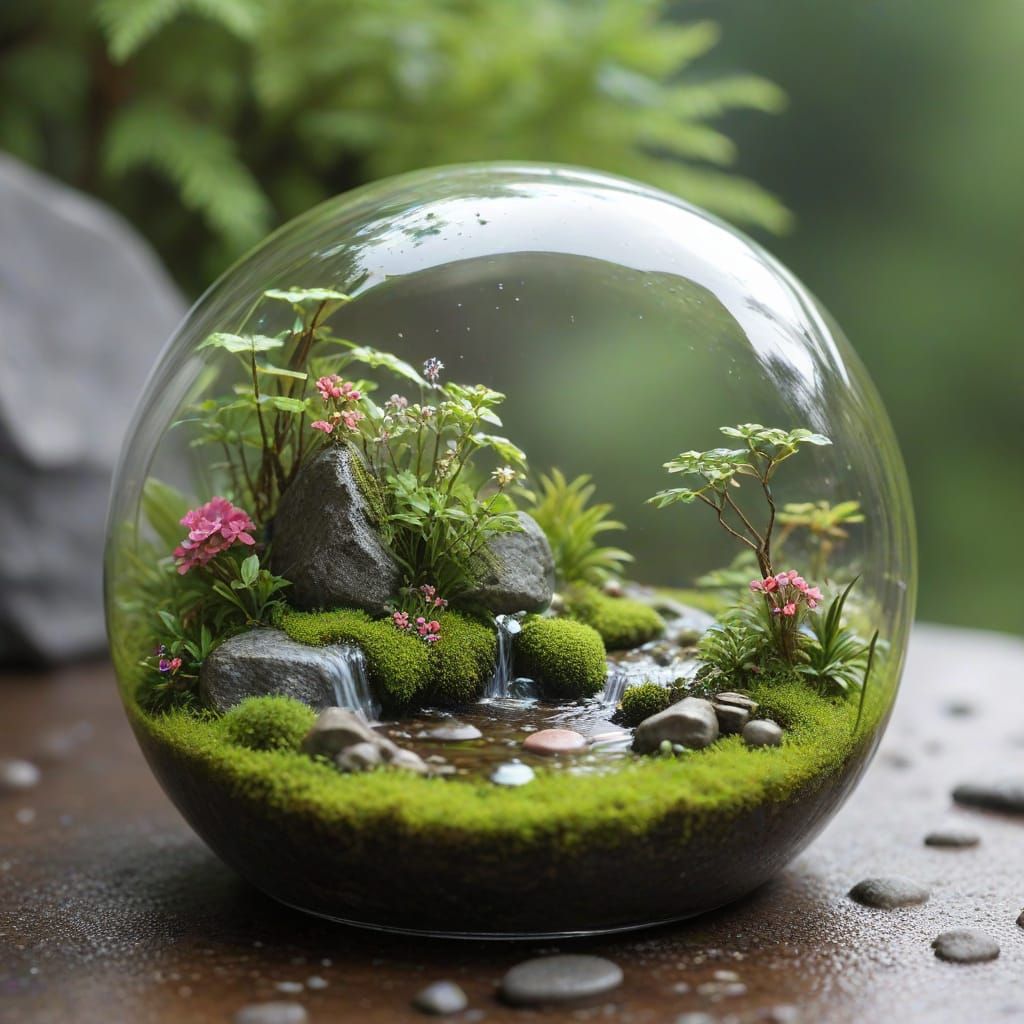 Vibrant Miniature Ecosystem in Glass Terrarium
