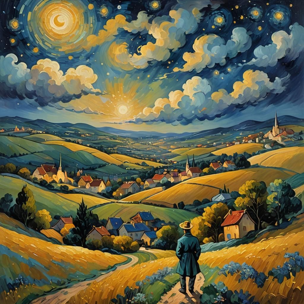 Impressionist Starry Night Oil Painting of Quiet Village