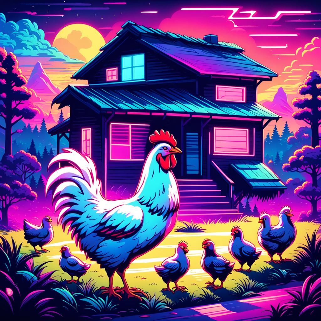 Hen and Chicks in Synthwave Neon Retro Style